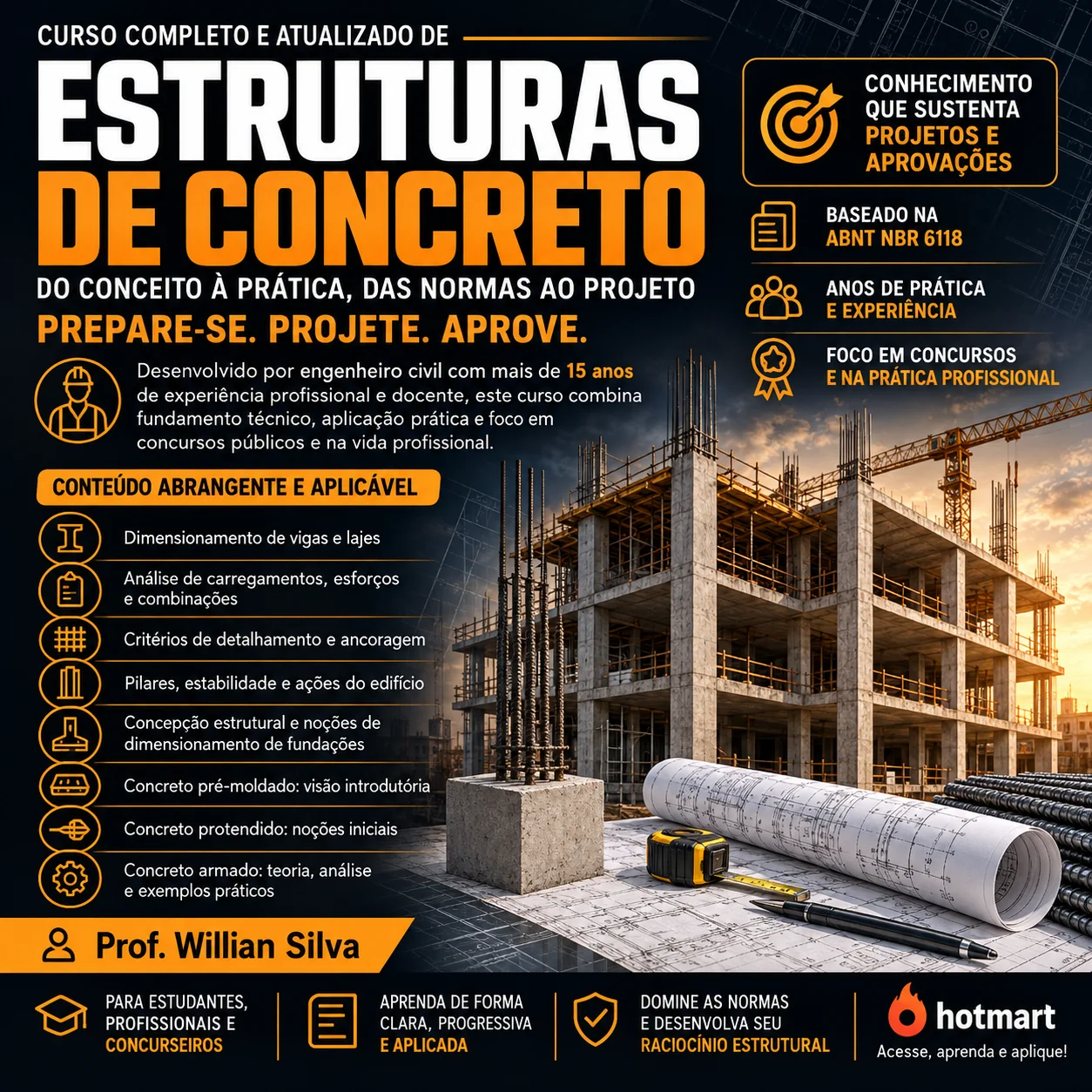 Curso de Estruturas de Concreto com conteúdo sobre dimensionamento, fundações, pilares, vigas e lajes
