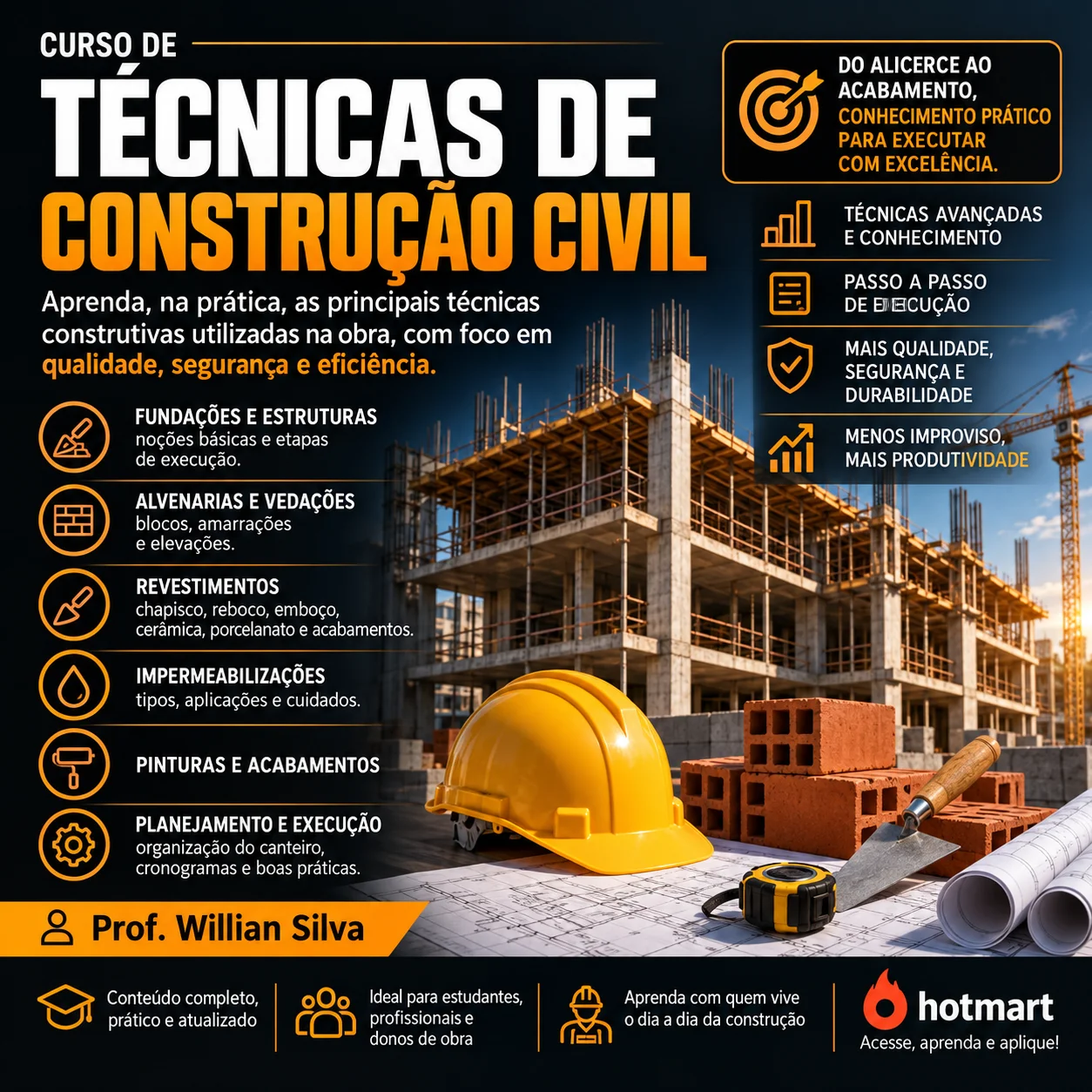 Curso de Técnicas de Construção Civil sobre fundações, estruturas, alvenaria, revestimentos e instalações