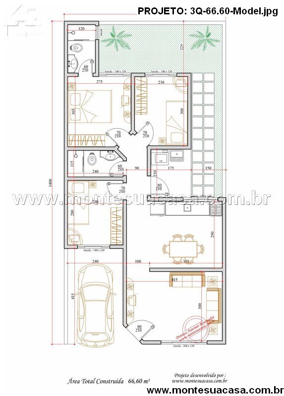 66.60m2-casa-terrea-3-quartos-2-banheiros-garagem - Imagem 2