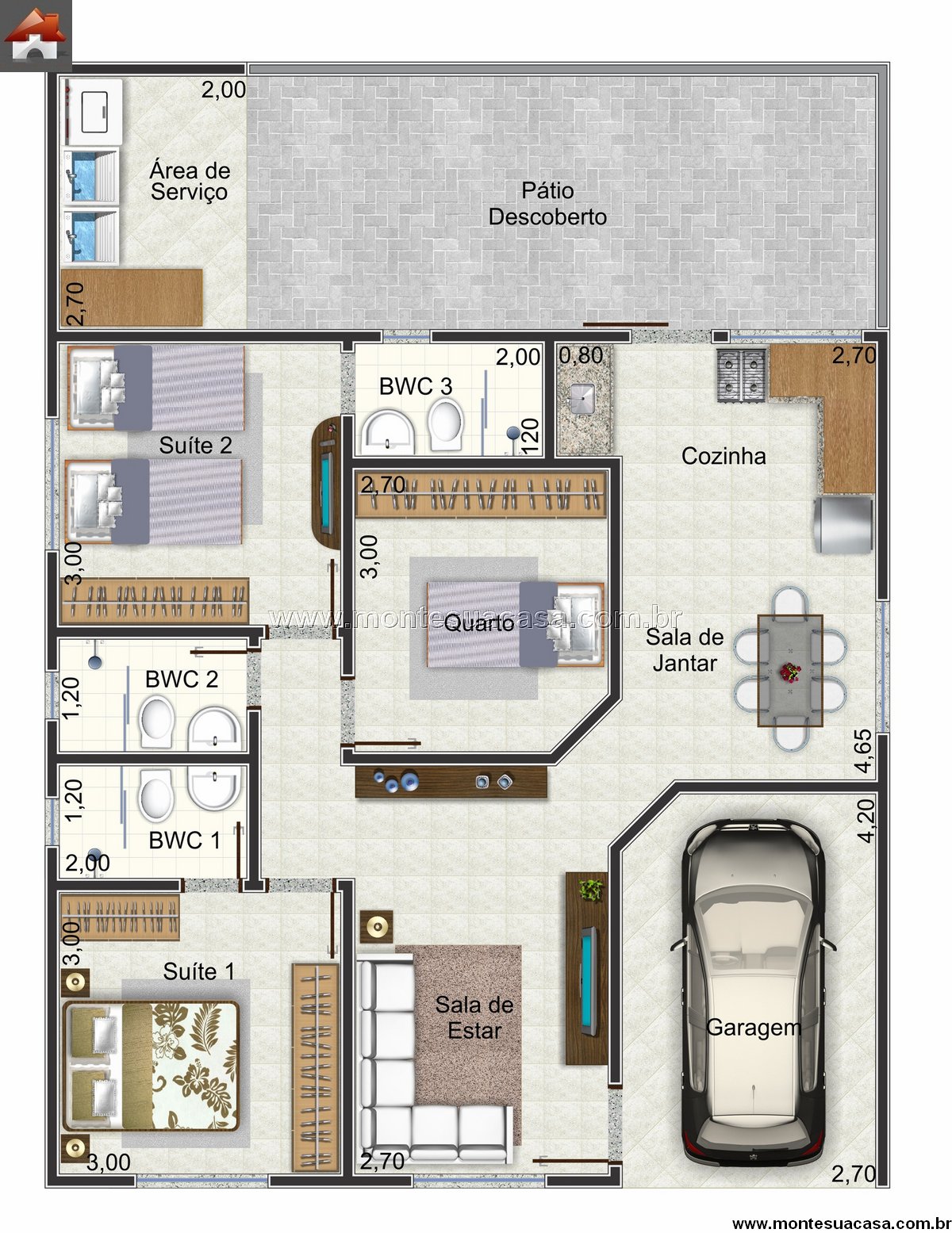 88.48m2-casa-terrea-com-3-quartos-e-garagem-integrada - Imagem 2