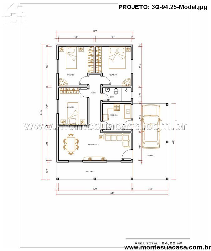 94.25m2-casa-terrea-3-quartos-com-garagem-integrada - Imagem 2