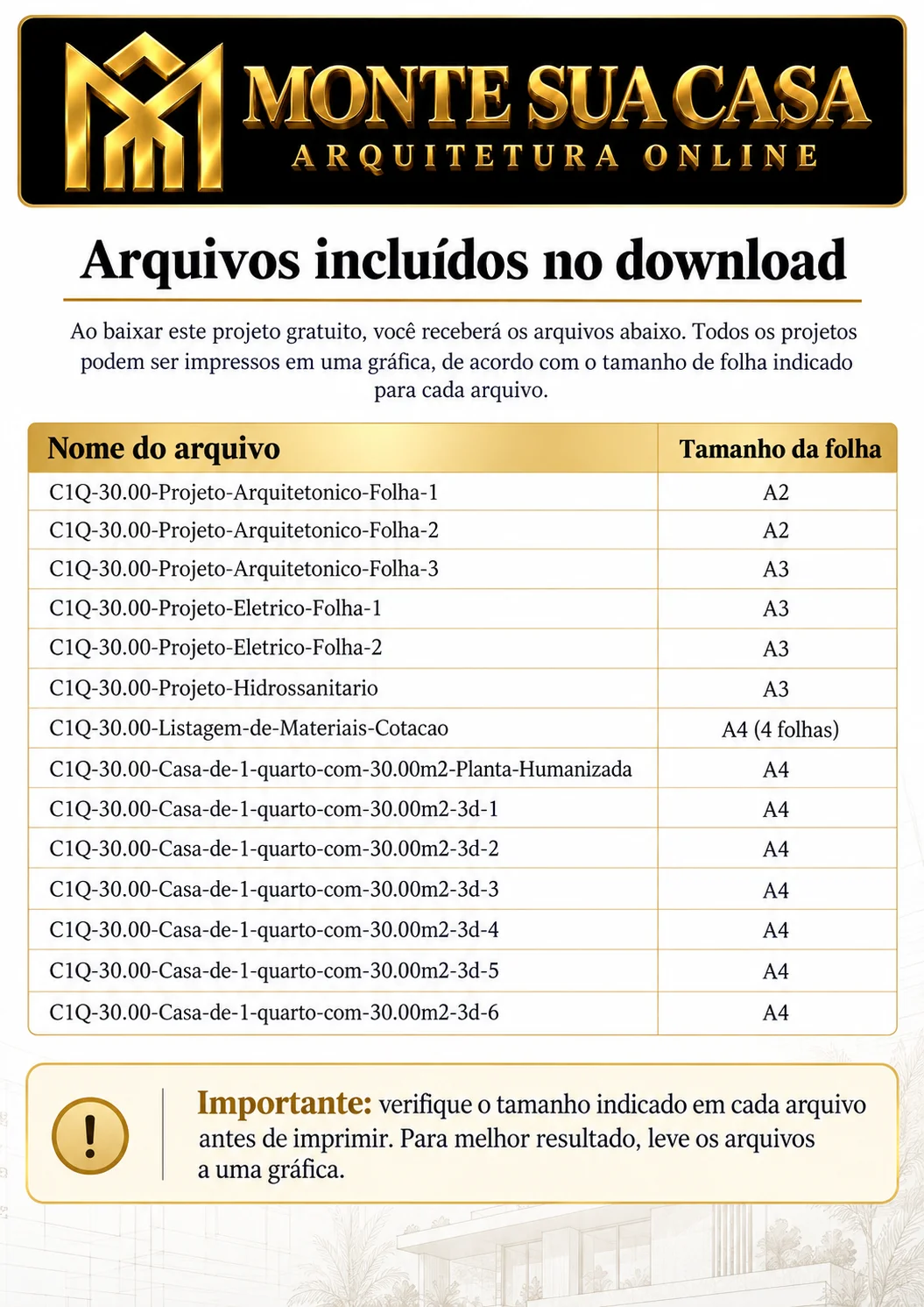 Arquivos incluídos no download gratuito do projeto de casa C1Q-30.00 de 30 m² com 1 quarto