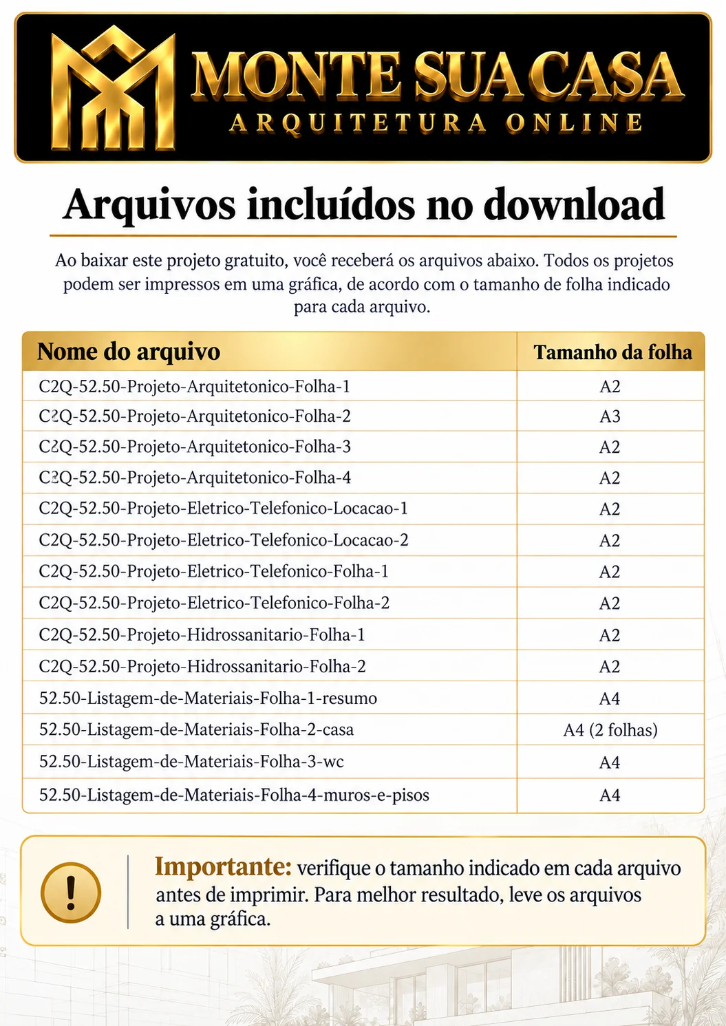 Arquivos incluídos no download do projeto de casa C2Q-52.50 de 52,50 m²