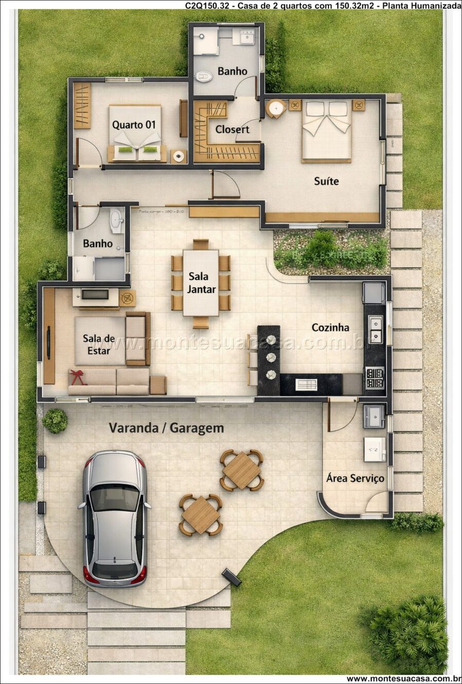 Casa moderna térrea 2 quartos com varanda e garagem 150.32m²