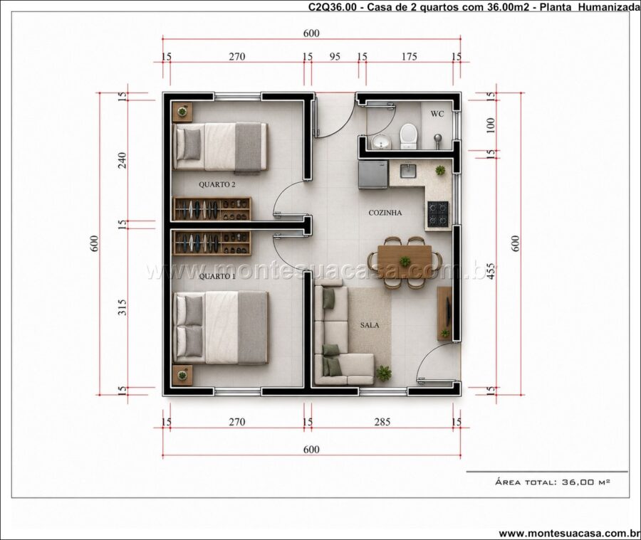 Projeto de Casa Térrea 36m² 2 Quartos – Funcional, Aconchegante