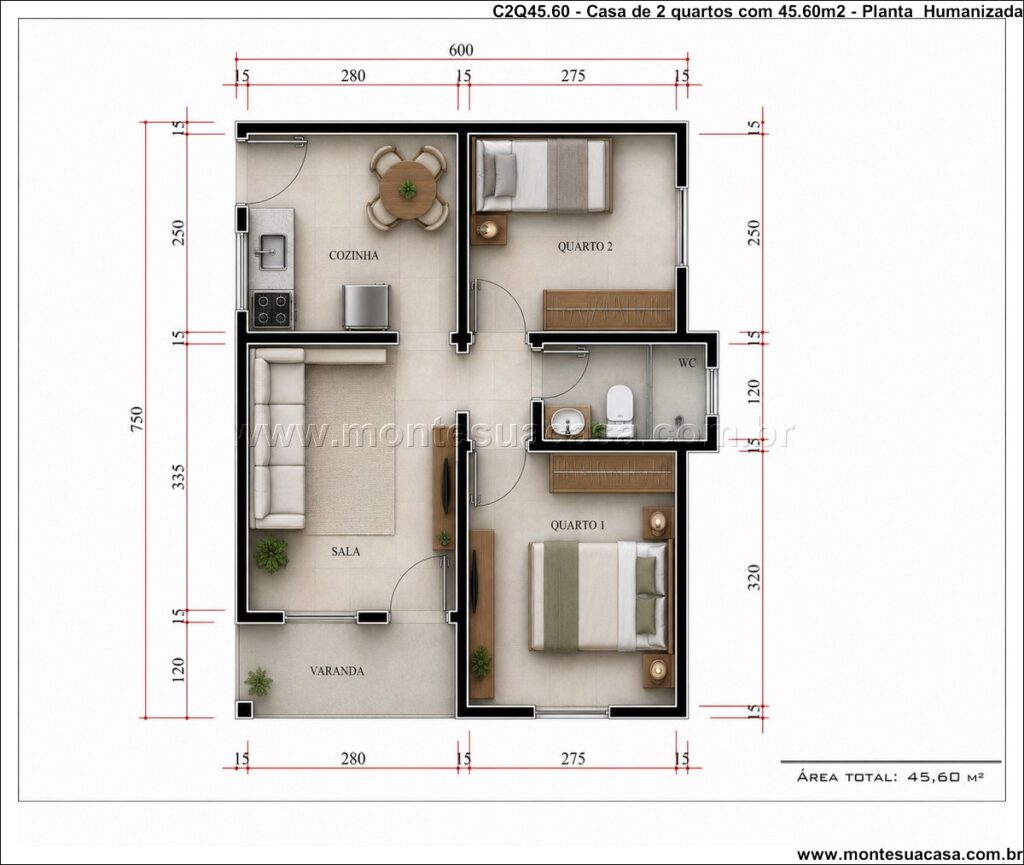 Projeto de Casa Térrea com 2 Quartos e Varanda – 45,60 m²