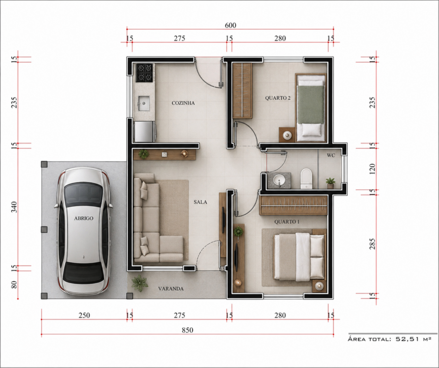 Casa Térrea com 2 Quartos e Garagem Coberta – Projeto Moderno de 52.51m²