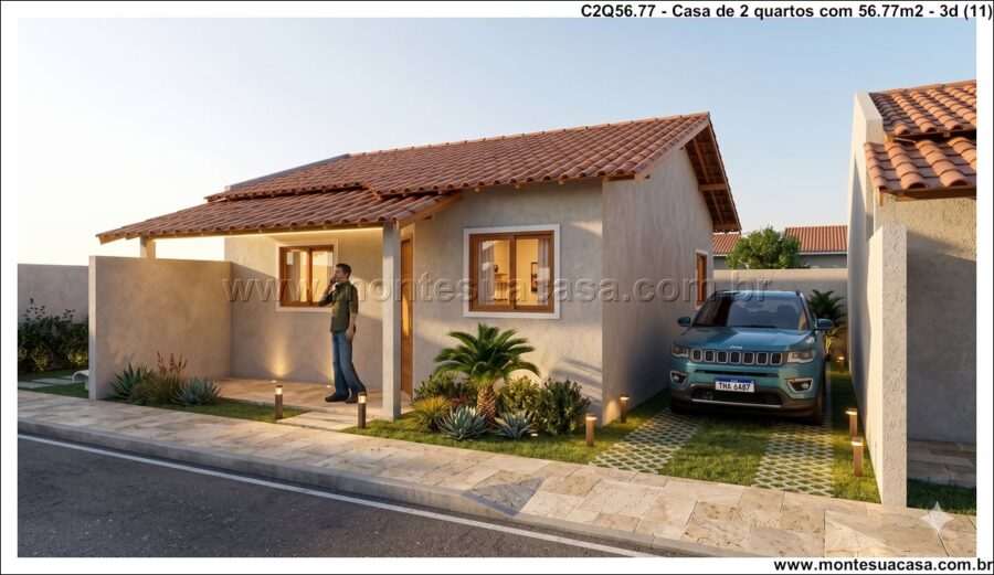 Casa Térrea com 2 Quartos e Garagem Coberta — Projeto Moderno 56.77m²