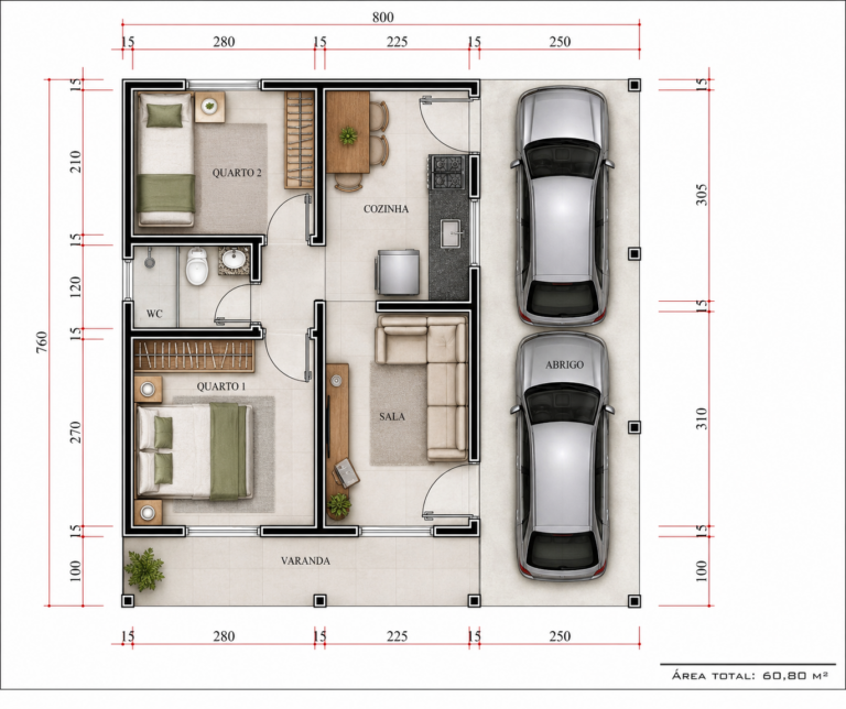 Projeto de Casa Térrea com 2 Quartos e 60,80m² – Compacta, Moderna e ...