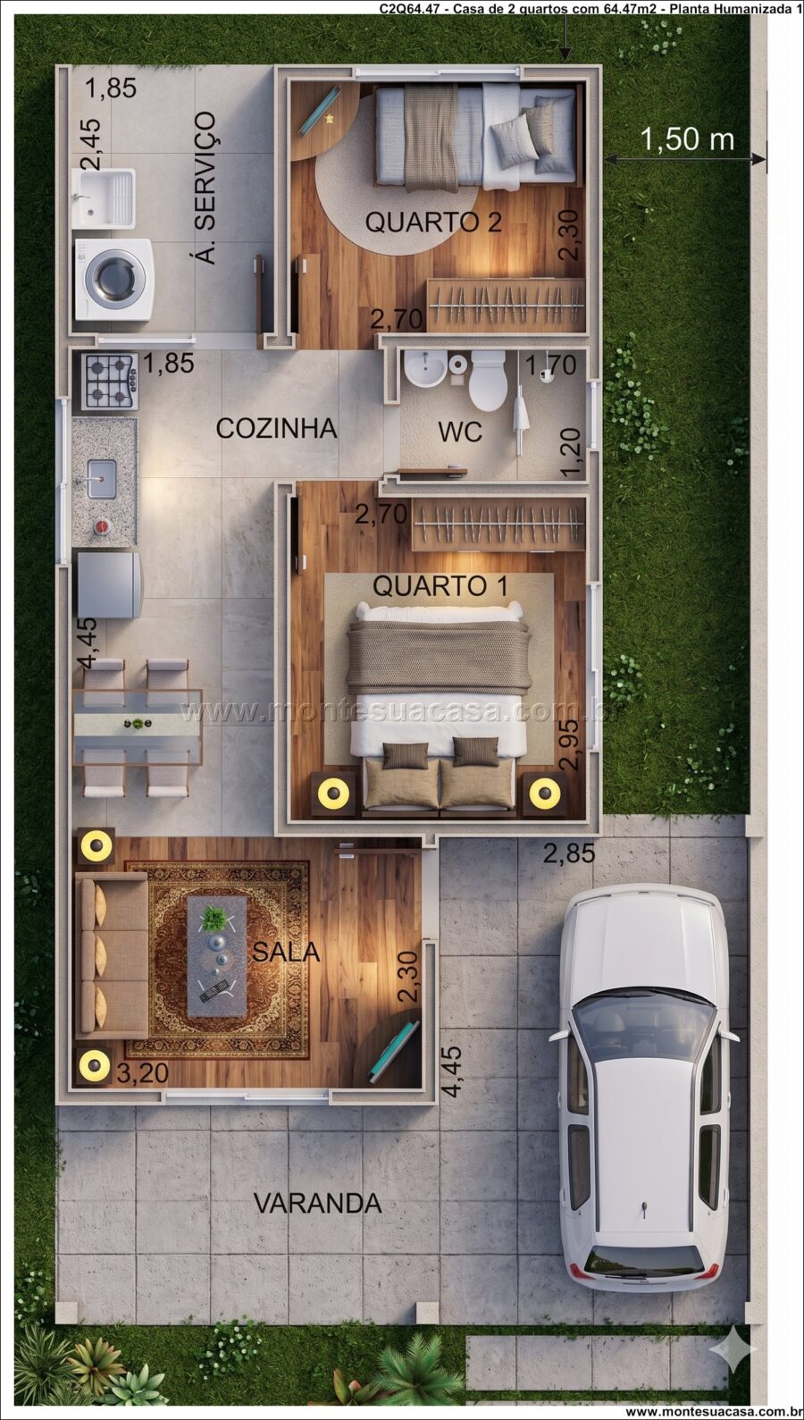 Casa Térrea com 2 Quartos e Garagem – Projeto 64,47m² Funcional e Econômico