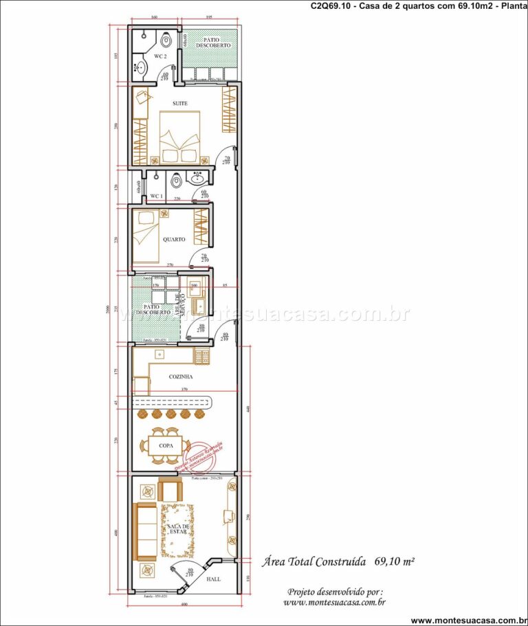 Casa Térrea com 2 Quartos e Suíte – Projeto 69,10m² Compacto e Funcional