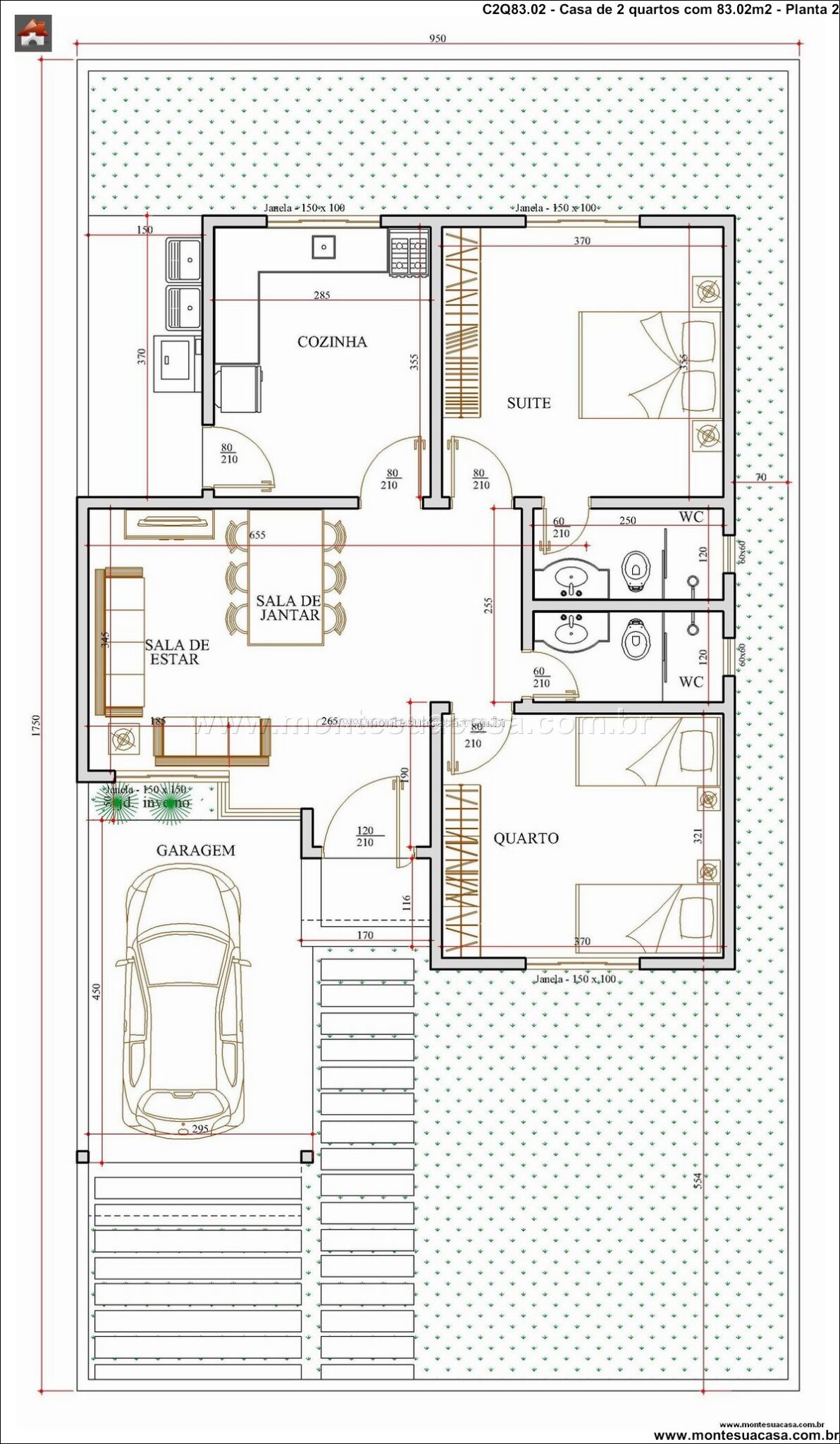 Casa térrea moderna com 2 quartos e suíte – Projeto 2Q-83.02