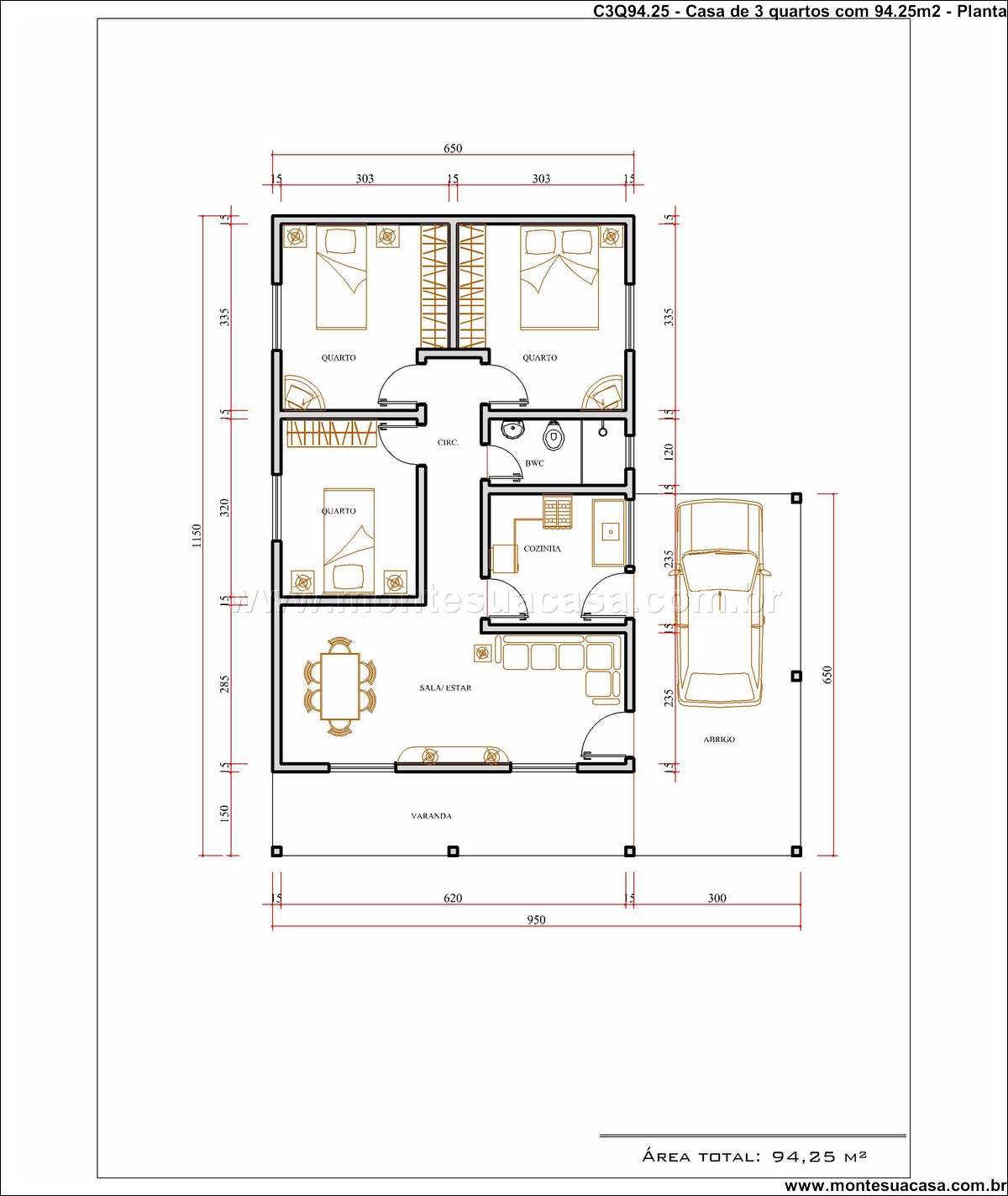 94.25m2-casa-terrea-3-quartos-com-garagem-integrada - Imagem 3