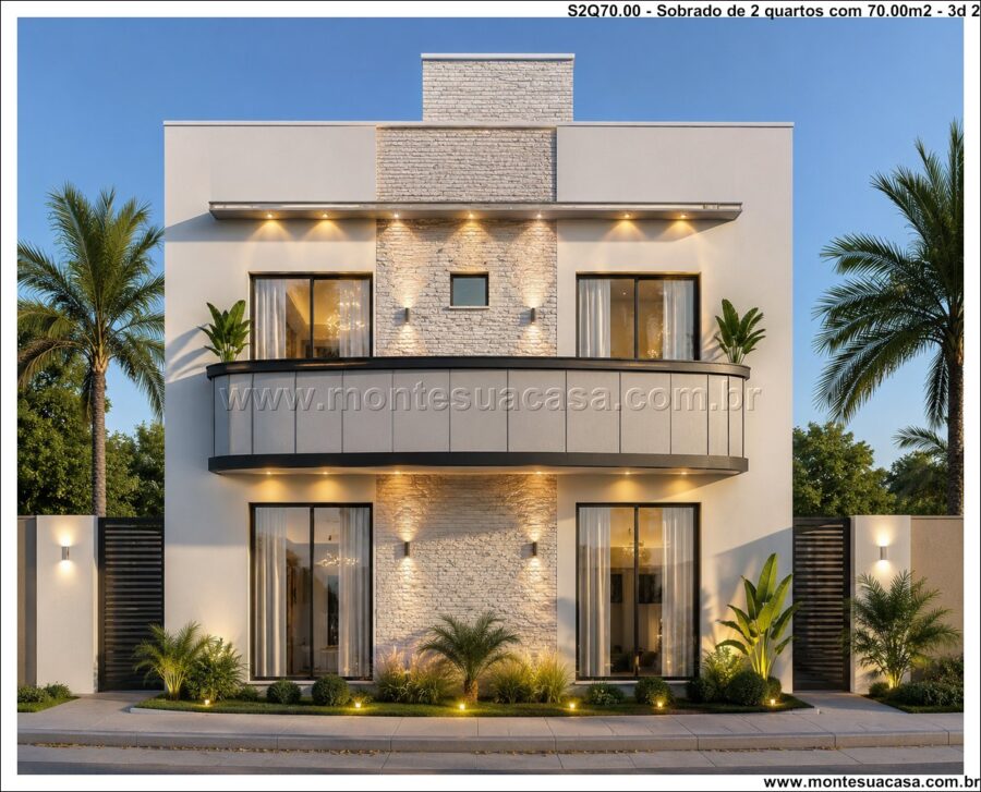 Sobrado com 2 Quartos e 70m² – Projeto Moderno com Varanda e Sacada