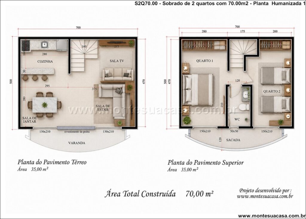 Sobrado com 2 Quartos e 70m² – Projeto Moderno com Varanda e Sacada