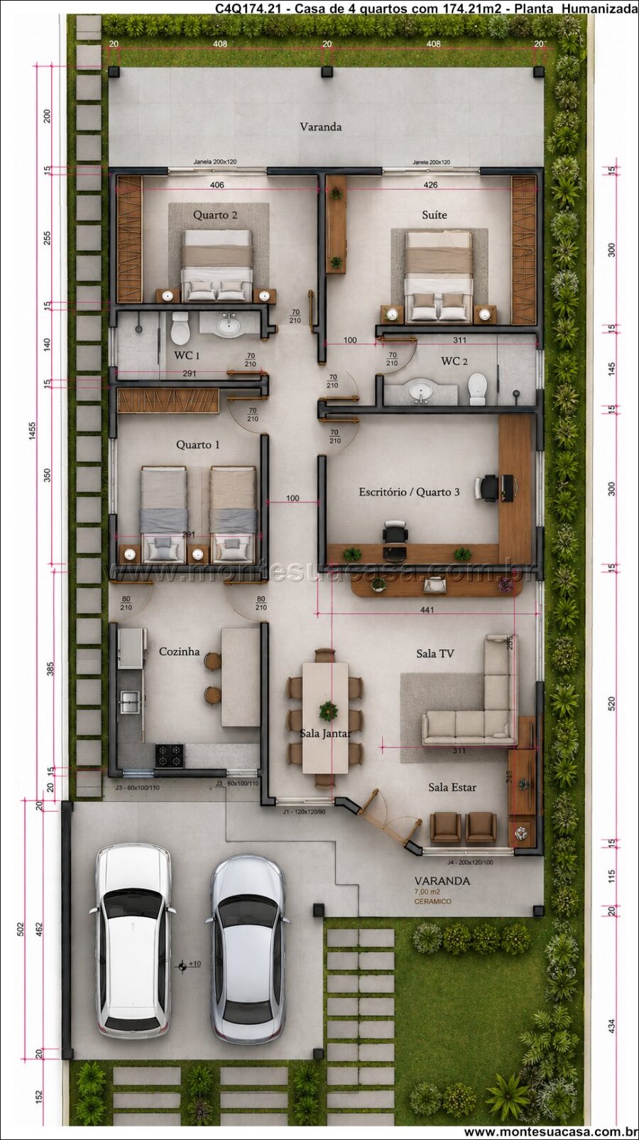 Projeto de casa térrea com quatro quartos e varanda integrada