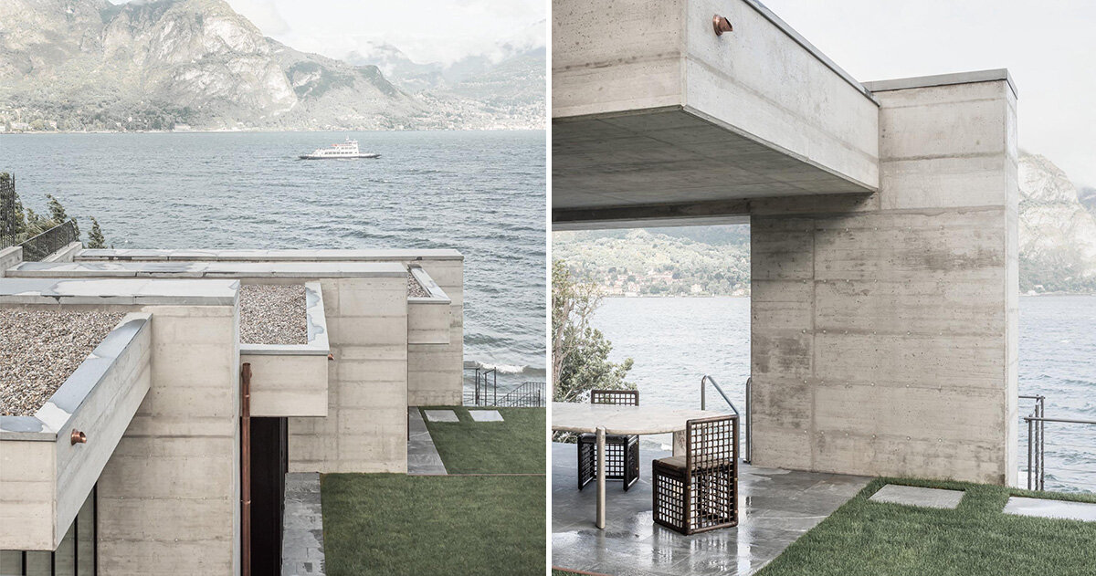 à beira do lago de como, a casa punta spartivento emoldura a vista através do concreto aparente