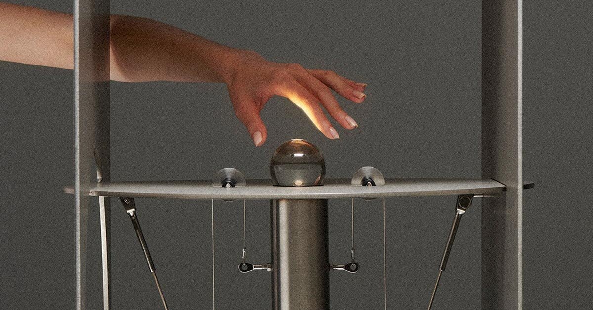 a iluminação cinética ativa o movimento mecânico em uma escultura de aço e vidro