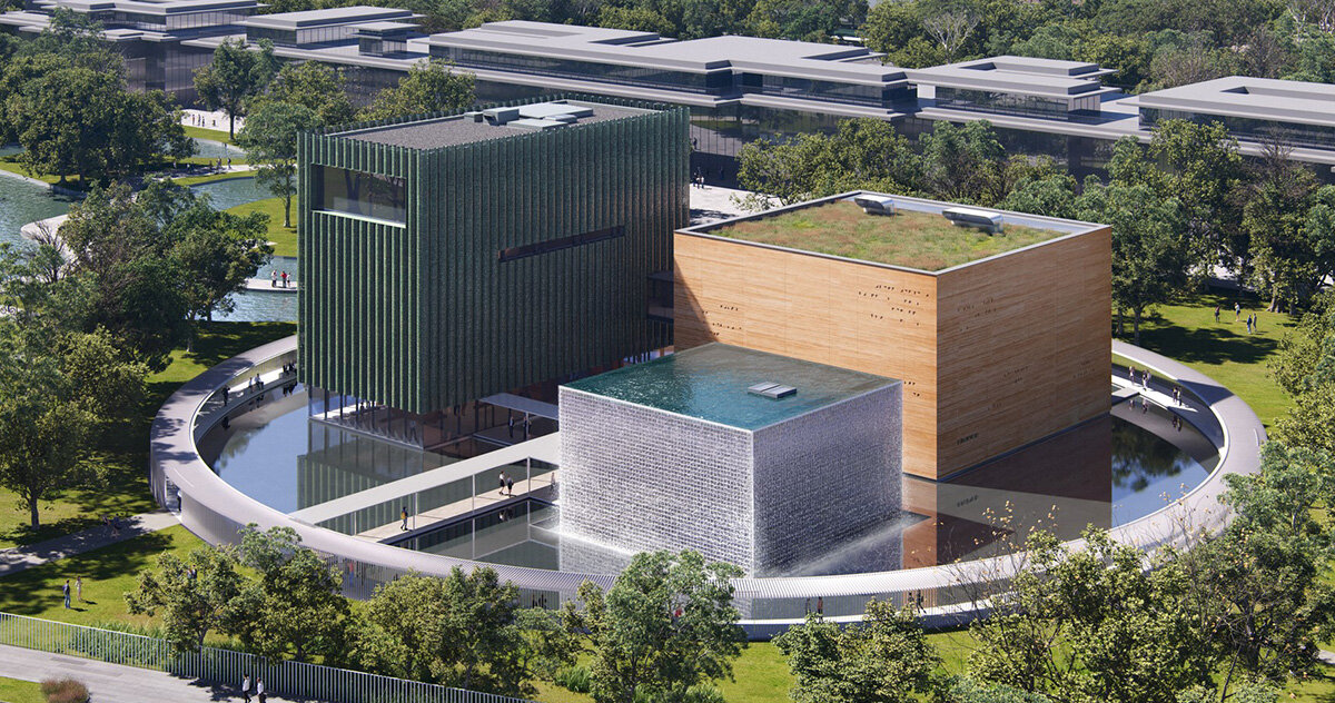 Museu cultural shede do OPEN em forma de terra, vidro e bronze