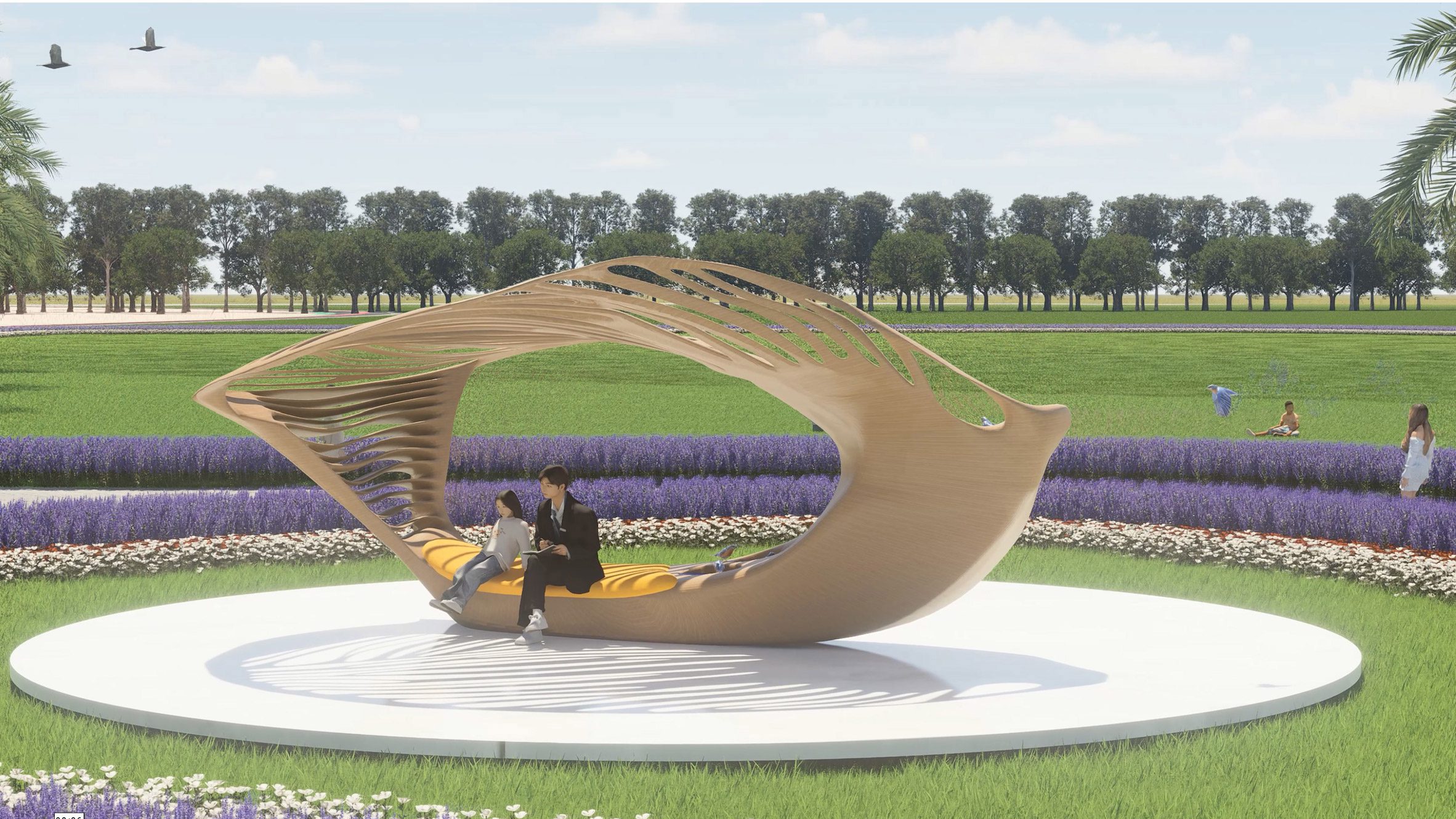 Mesas externas com zona de nidificação de pássaros entre projetos da Universidade Americana em Dubai