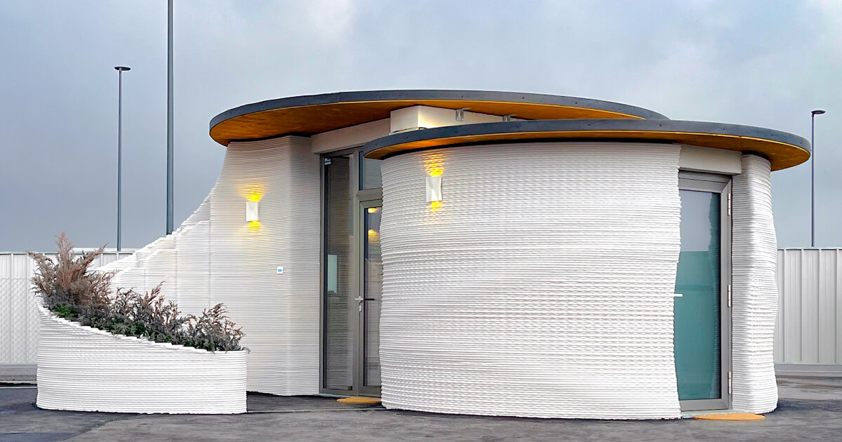 Paredes de captura de carbono formam edifício de aeroporto impresso em 3D em Bérgamo
