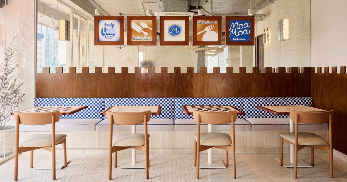 gradientes de mosaico e motivos gráficos de massas animam interiores de restaurantes no Vietnã