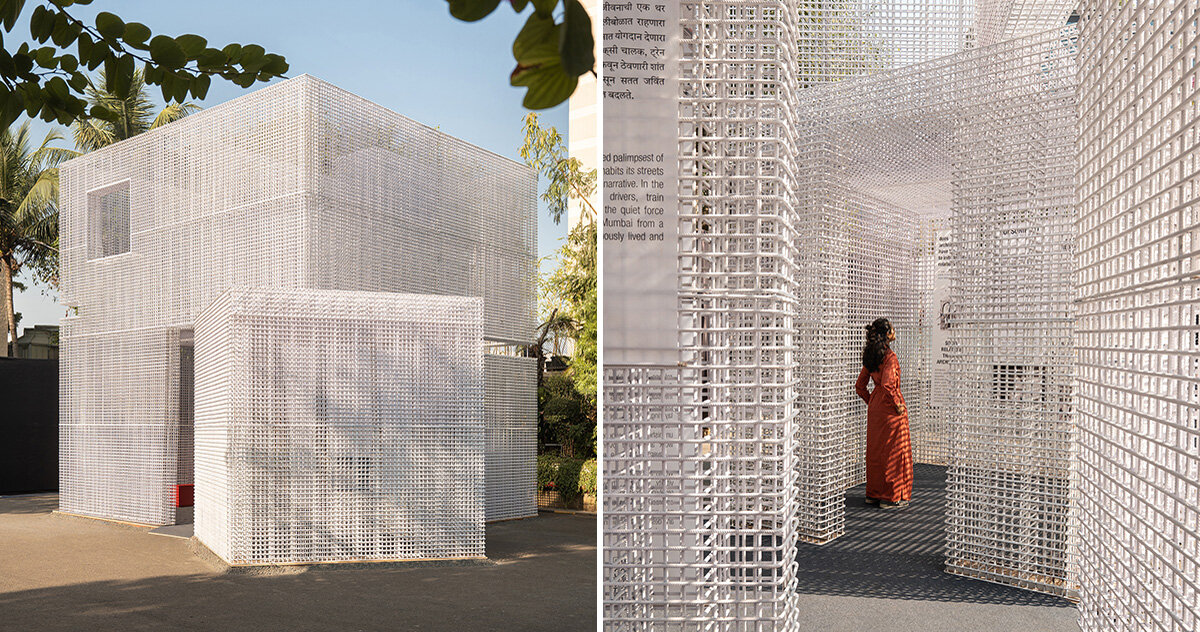 O ‘pavilhão improvisado’ do Abin Studio é uma grade etérea em Mumbai