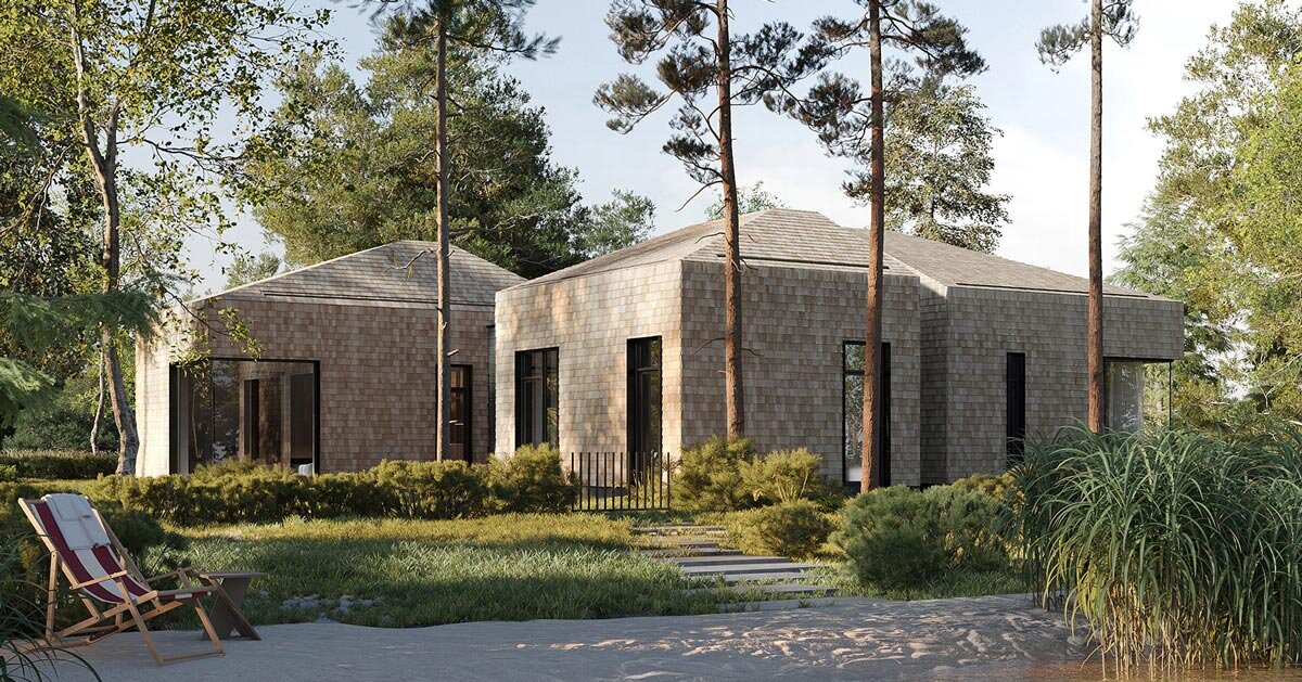 um conjunto de casas com telhado de duas águas revestidas com telhas de larício se desdobra ao longo do rio Volga