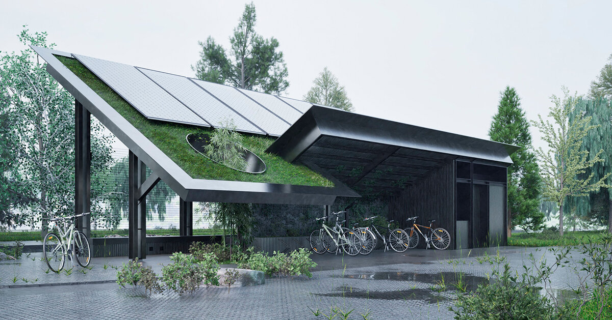 Pavilhão de 60 graus reimagina parada para descanso de bicicleta como uma interface ecológica autossustentável