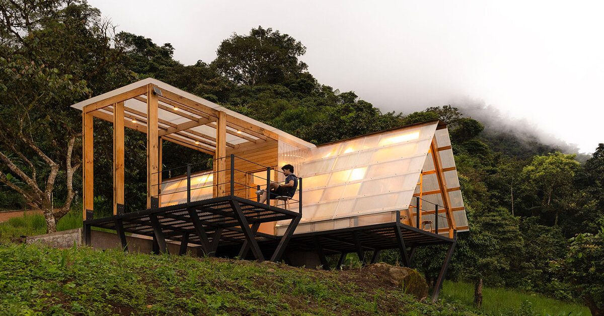 pele translúcida envolve abrigo triangular elevado sobre palafitas no Equador