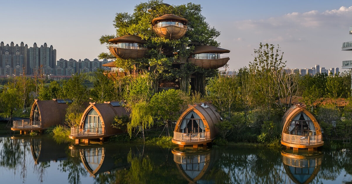 casas na árvore, casas de barco e chalés de abóbora espalhados ao longo da margem do lago de wuhan