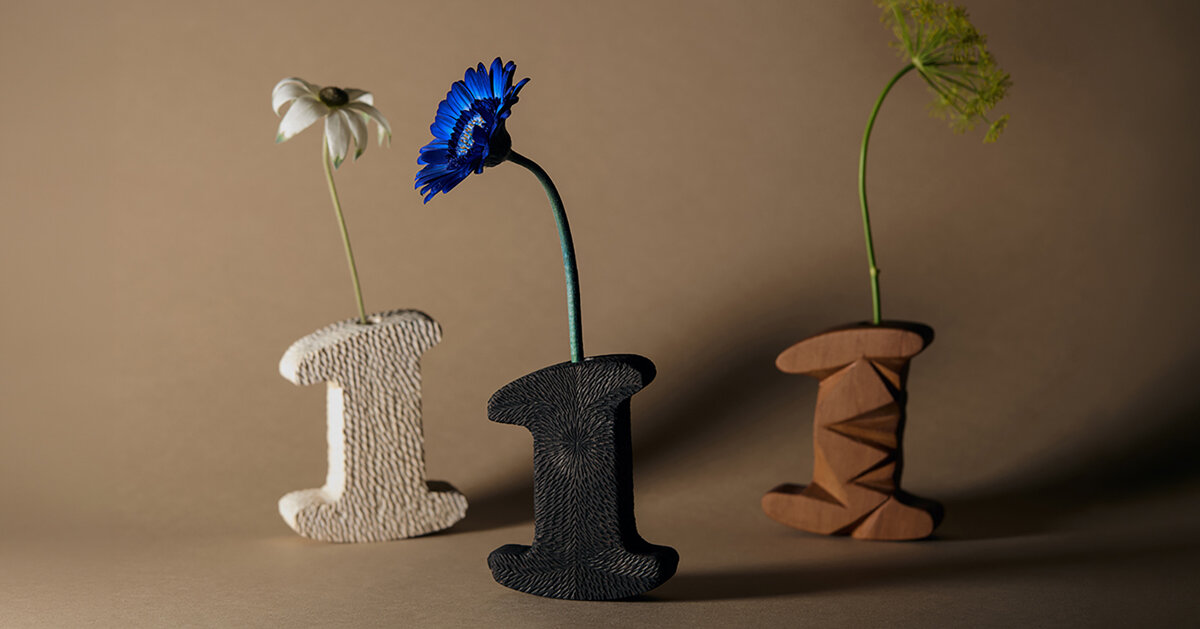 vasos de haste única reinterpretam o número 1 através de porcelana, bronze e madeira