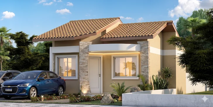 Casa térrea compacta de 61,97 m² com 2 quartos e varanda