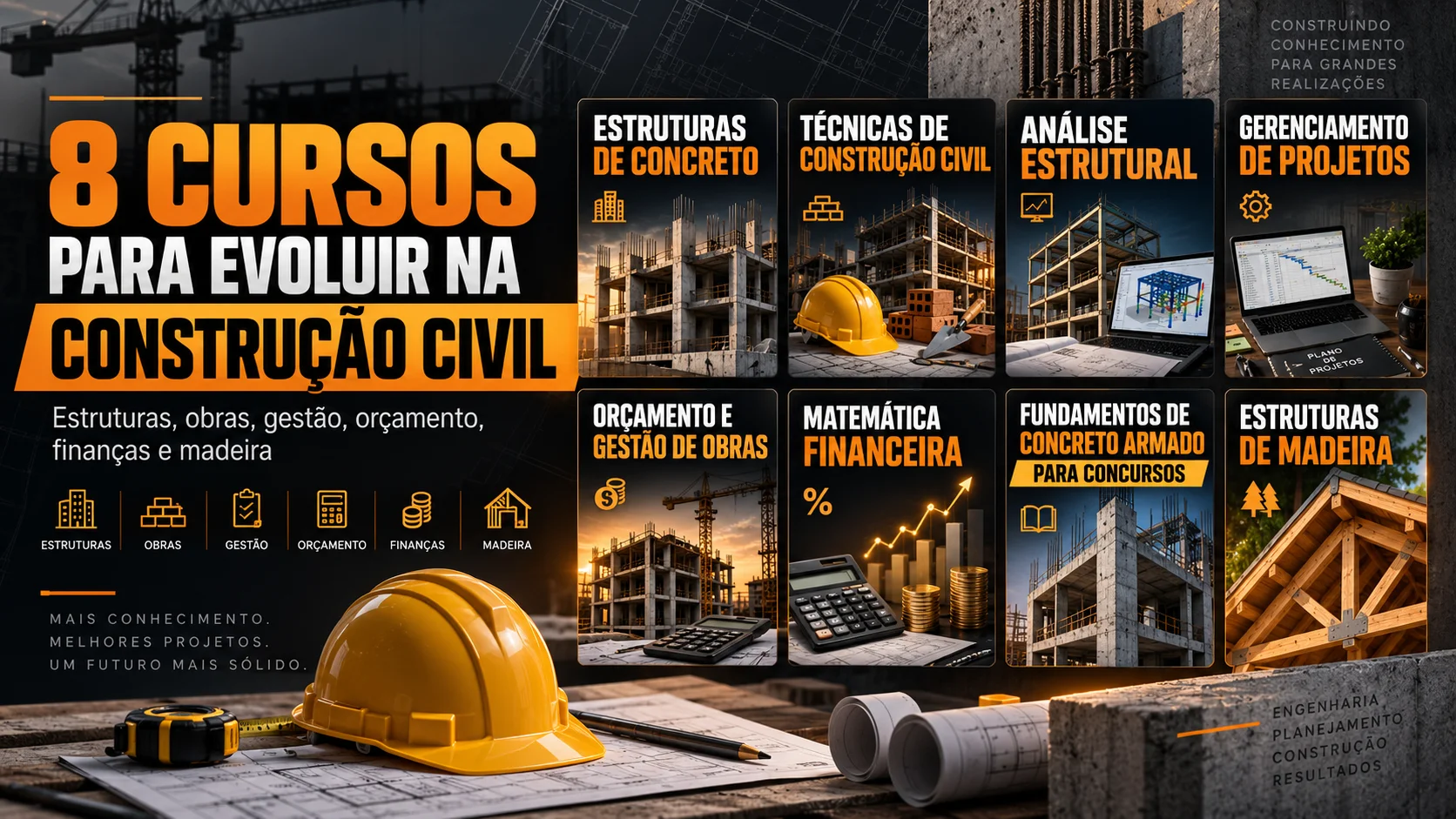 8 cursos para evoluir na construção civil com conteúdos sobre estruturas, obras, gestão, orçamento, finanças e madeira
