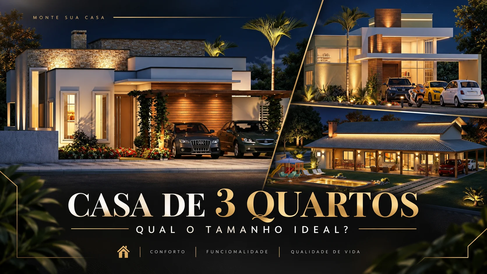 Montagem com três fachadas de casas de 3 quartos em diferentes tamanhos e estilos