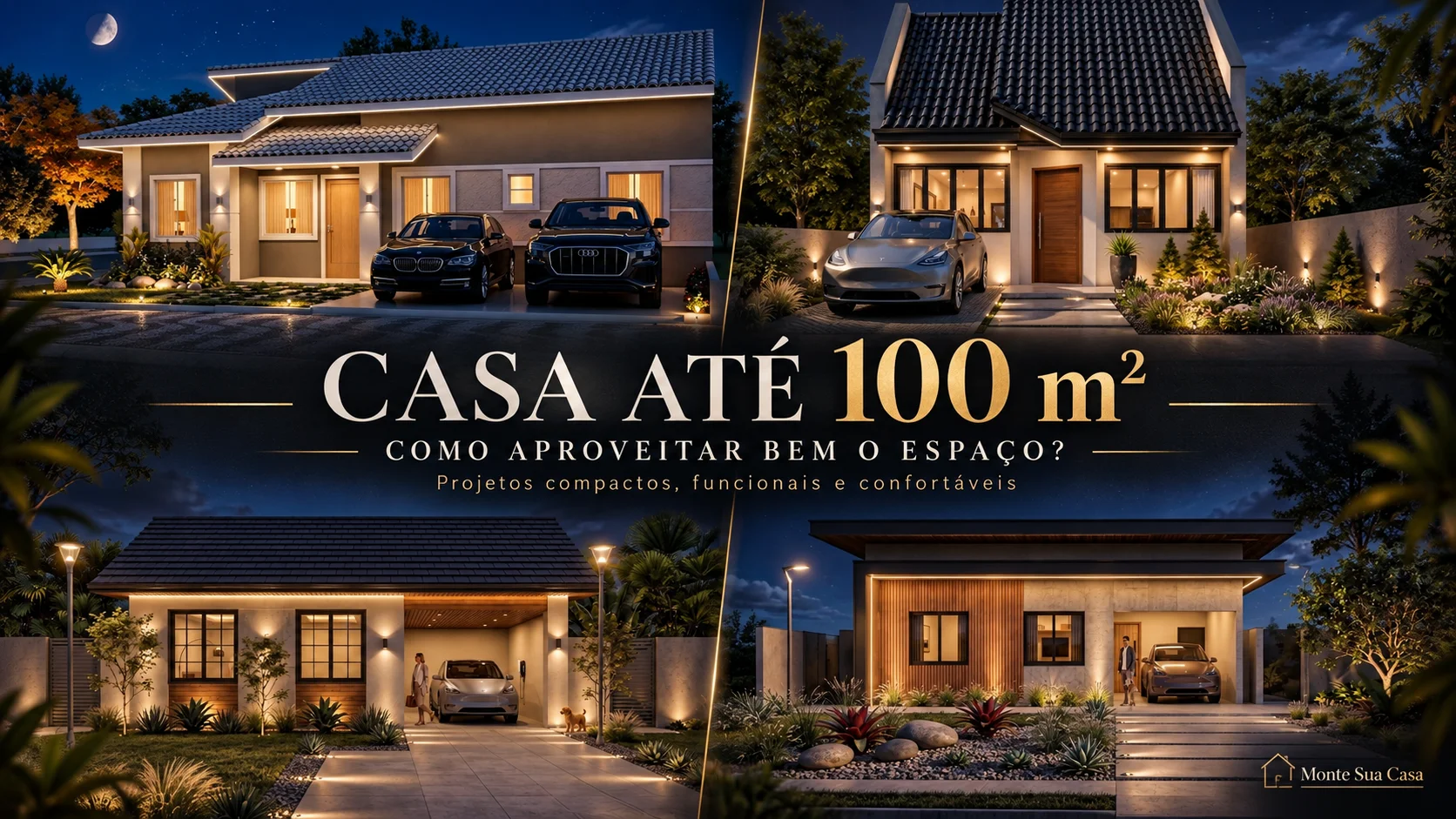 Montagem com fachadas de casas compactas de até 100 m² em diferentes estilos