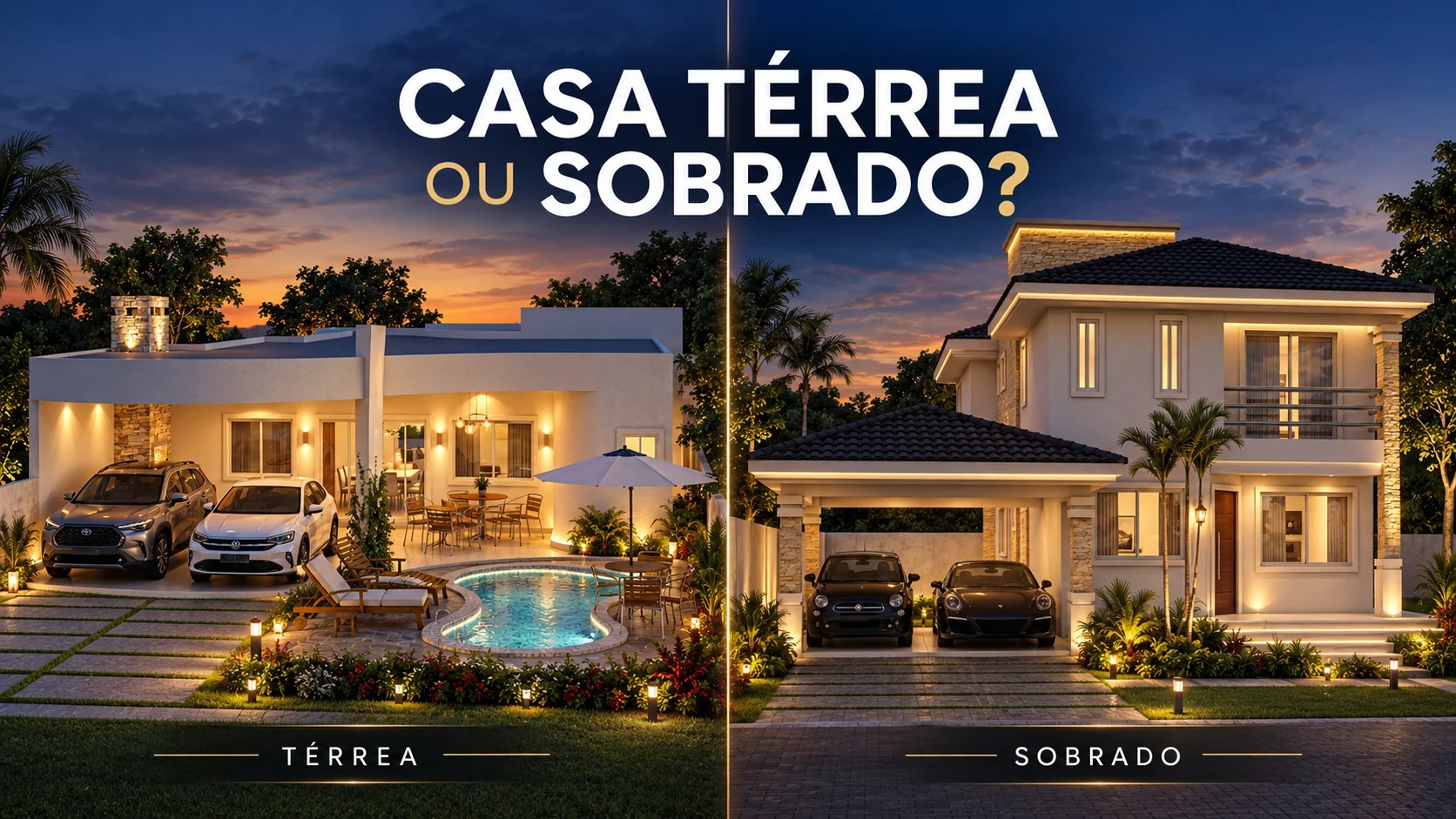 Comparação entre fachada de casa térrea com piscina e fachada de sobrado, ilustrando diferenças entre os dois tipos de projeto