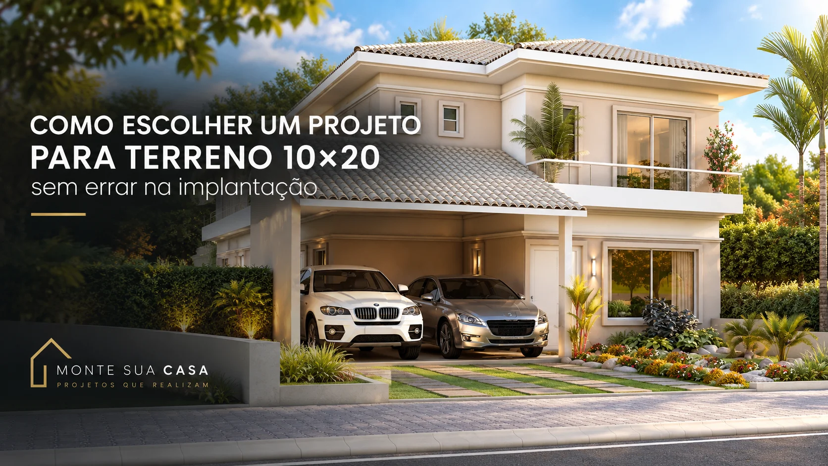Fachada de sobrado para terreno 10x20 com garagem para dois carros, ilustrando a escolha de projeto para esse tipo de lote