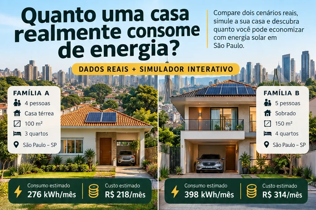 Infográfico comparando o consumo de energia de duas famílias e mostrando um simulador de energia solar