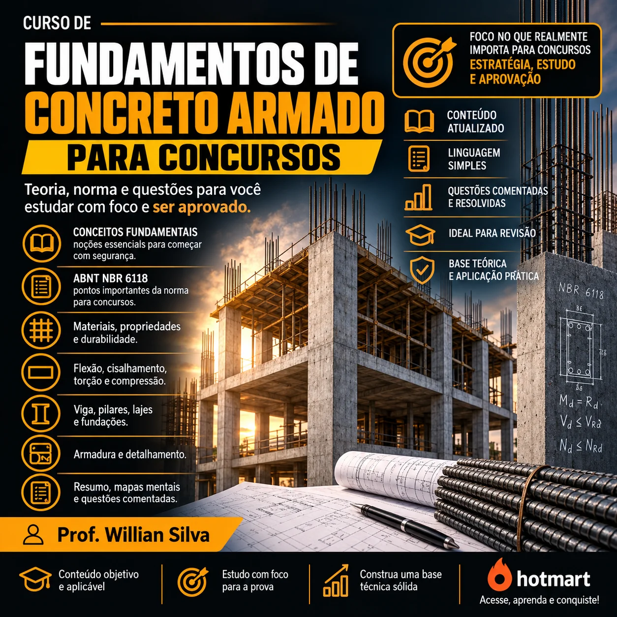 Curso de Fundamentos de Concreto Armado com concreto, armaduras, flexão, cisalhamento e dimensionamento