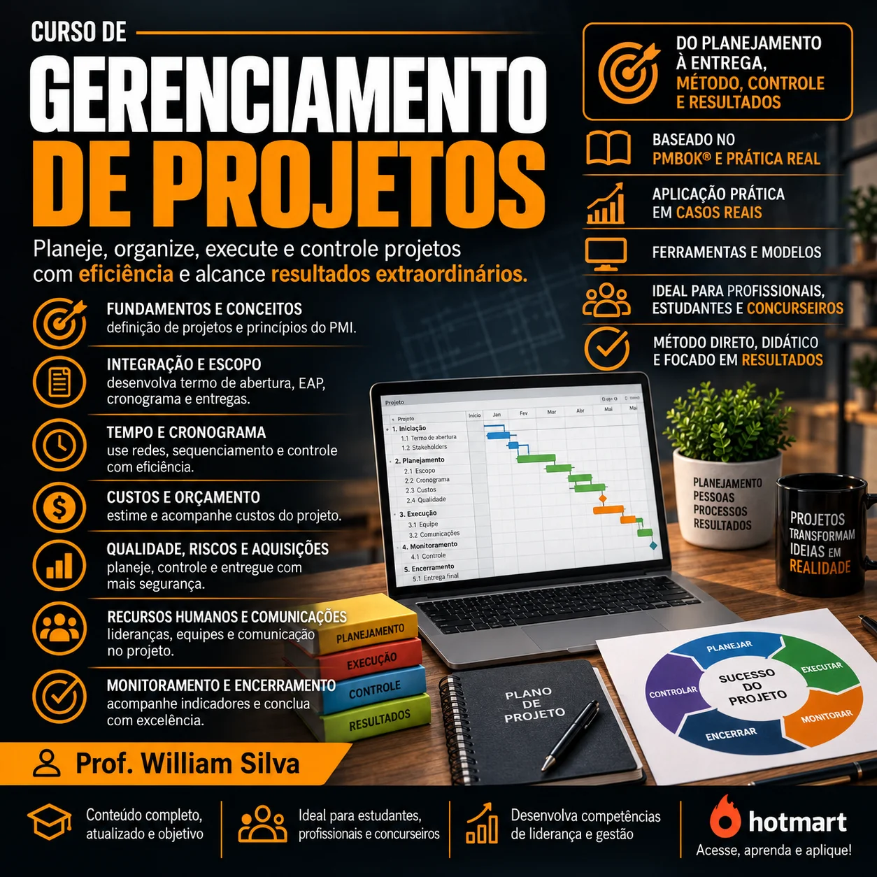 Curso de Gerenciamento de Projetos sobre planejamento, escopo, tempo, custos, riscos e qualidade