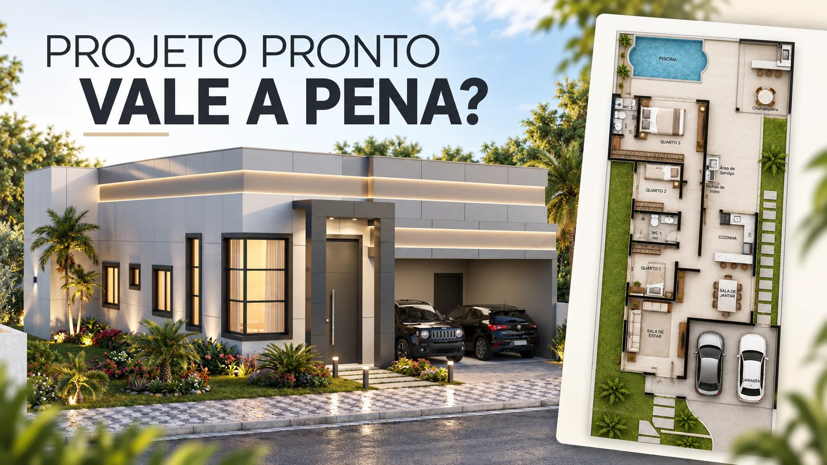 Fachada de casa térrea moderna com planta baixa ao lado, ilustrando um projeto pronto de casa